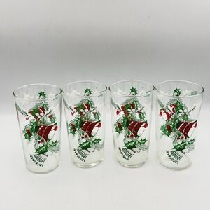 VTG Christmas Hazelware‎ Set 4 Glass Tumblers Holly/Bells 11.5 oz. Fantastic MCM